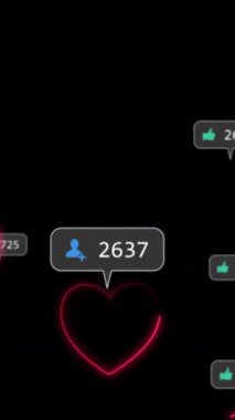 Siyah arka planda sosyal medya tepkisi üzerine neon kalplerin animasyonu. Sosyal medya, ağ ve teknoloji konsepti dijital olarak oluşturulmuş video.