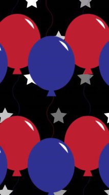 Siyah arka planda beyaz yıldızlı kırmızı ve mavi balonların animasyonu. Usa, vatanseverlik ve kutlama konsepti dijital olarak oluşturulmuş video.