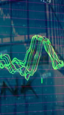 Animation of financial data processing over cityscape with modern office buildings. Global business, finance, computing and data processing concept digitally generated video.
