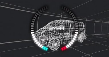 Ölçü göstergesinde 0 mph, iki renkli segmentler ızgara tünelinde 3D SUV civarında hız varyasyonlarını canlandırıyor. Dijital, geleceksel, otomotiv, animasyon, teknoloji, hareket, görselleştirme