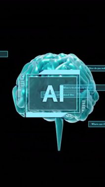Siyah arka planda işlenen insan beyni ve ai verisinin animasyonu. Küresel yapay zeka, veri işleme, dijital arayüz ve bilgisayar konsepti dijital olarak oluşturuldu.