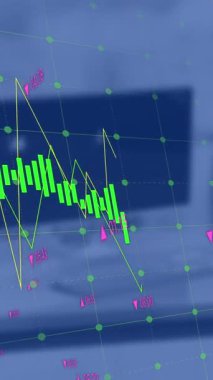 Şebeke üzerinden ofis masasına karşı veri işleme animasyonu. Bilgisayar arayüzü ve iş veri teknolojisi kavramı