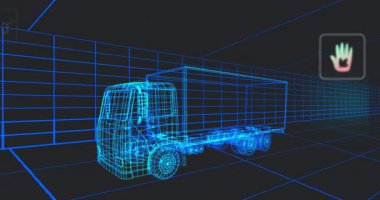 El simgesi soluyor, aktive eden neon-ızgara kablo teçhizat simgeleri görünüyor ve kümeleniyor, ölçümleri gösteriyor. Teknoloji, yenilik, dijital, analitik, sürdürülebilirlik, arayüz, geleceksel