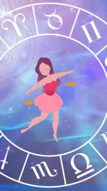 Yıldız falı sembollerinin mavi arkaplandaki yıldızların üzerinde canlandırılması. yıldız ve dijital arayüz konsepti dijital olarak oluşturulmuş video.