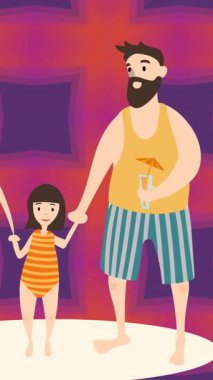 Sahilde el ele tutuşan mutlu ebeveynlerin ve kızlarının canlandırması. aile, sevgi, sağlık ve birliktelik kavramı dijital olarak oluşturulmuş video.