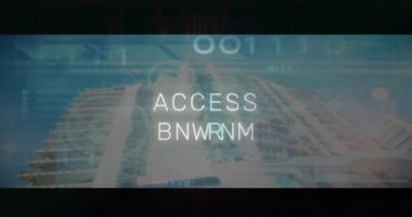 ACCES 'in ACCESS DENIED' e tamamlanması, kod kaydırma ve HUD sinyal kilitlemesi görüntüleniyor. Siber güvenlik, dijital güvenlik, veri yetkilendirme, şehir teknolojisi, gelecekçi, güvenlik arayüzü, yüksek teknoloji