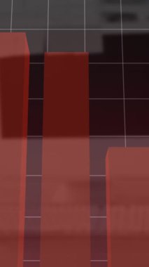 Boş ofise karşı istatistiksel veri işleme ve ızgara ağı üzerinden hareket eden kırmızı grafik. küresel finans ve iş kavramı