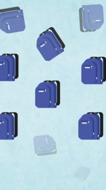 Birden fazla okul çantasının dijital animasyonu ve mavi arka planda kitap simgeleri. Okula ve eğitim konseptine dönüş