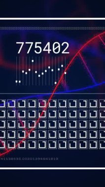 Animation of digital display with changing numbers and spinning square shapes over dna helix. Digitally generated, multiple exposure, digits, progress, medical, genetic, technology.