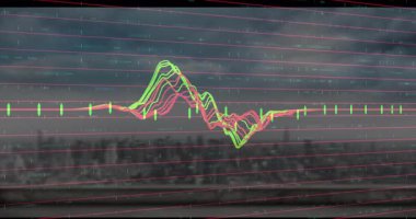 Renkli dalgalanan çizgiler yükselen zirvelerle veri varyasyonunu görselleştiriyor, sola kayıyor. Soyut, veri, analitik, teknoloji, modern, canlı, dinamik