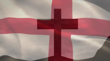 Yükselen bayrak dalgalanması kırmızı çapraz kolların bükülmesi ve geri dönmesi sonra hafif dalgalara dönüşmesi. Vatanseverlik, tekstil, hareket, kumaş, sembolizm, animasyon, dinamik