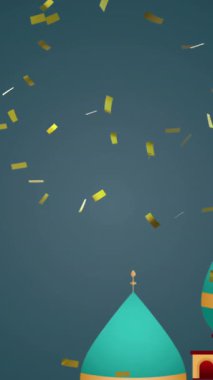 Arap tarzı çatıların animasyonu, hilal, lambalar ve mavi üzerine konfeti düşen yıldızlar. Müslüman Arap geleneksel festival konsepti, dijital olarak üretilen video.