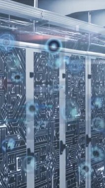 Matematiksel denklemlerin animasyonu ve bilgisayar sunucu odasında çoklu yuvarlak tarayıcılar. Bilgisayar arayüzü ve iş veri depolama teknolojisi kavramı