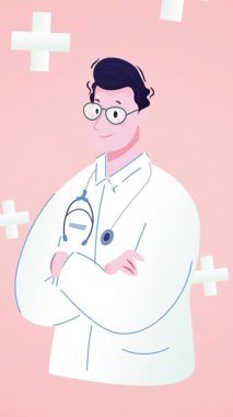 Kırmızı arka planda doktor ve çapraz simge animasyonu. Grip, hastalık, virüs ve aşı konsepti dijital olarak üretilen video.