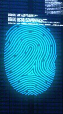 Karanlık arka planda biyometrik parmak izi üzerinde veri işleme animasyonu. Küresel siber güvenlik, çevrimiçi kimlik, bağlantılar, hesaplama ve veri işleme kavramı dijital olarak oluşturulmuş video.