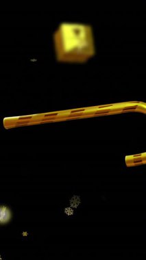 Yılbaşı hediyelerinin ve kar yağan arka planda şeker kamışlarının canlandırılması. Noel, gelenek ve kutlama konsepti dijital olarak oluşturuldu.