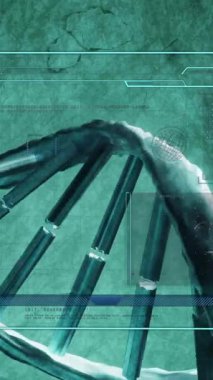 Ekranda DNA ipliği ve veri işleme animasyonu. Küresel bilim, iş, bağlantılar, hesaplama ve veri işleme kavramı dijital olarak oluşturulmuş video.