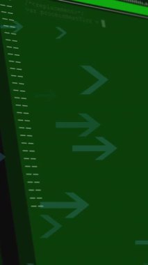 Animation of multiple arrow icons moving side wards over data processing against black background. Computer interface and business technology concept