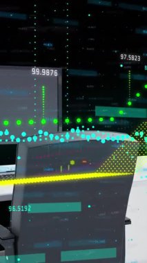 Finansal veri işleme sistemi, siyah arka plana karşı 3D ofis masası modeline karşı. finans ve iş kavramı