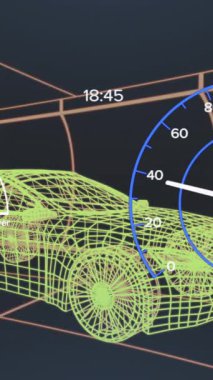 Animation of car interface over digital car on black background. Global transport, travel and digital interface concept digitally generated video.