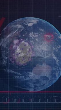 Yüzen covid-19 hücreleri ve dönen küreyle istatistikleri gösteren dijital arayüz animasyonu. Coronavirus covid 19 salgını sırasında sağlık ve korunma, dijital olarak üretilen video