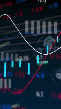 Animation of multiple changing numbers over stock market data processing against black background. Global economy and business technology concept