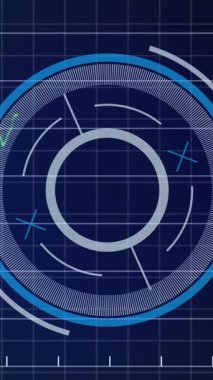 Finansal veri işleme ve mavi arka planda dönen neon yuvarlak tarayıcının animasyonu. Küresel finans ve iş teknolojisi kavramı