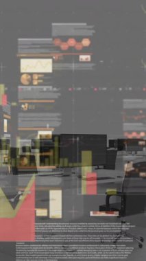 Animation of statistical data processing against empty office. Computer interface and business data technology concept