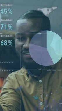 Animation of financial data processing over diverse business people. Global business, finances, computing and data processing concept digitally generated video.