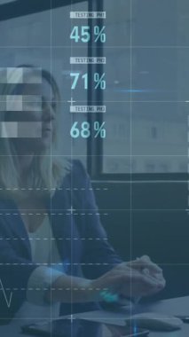 Animation of data processing over caucasian businesswoman using computer at office. Global business, computing and digital interface concept digitally generated video.