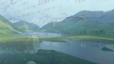 Durgunluktan sonra, dağ vadisindeki beyaz ve kırmızı çizgiler verileri görselleştiriyor. Dağ, manzara, veri görselleştirme, analitik, ölçü, grafik, dinginlik