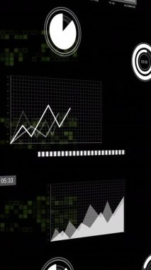 Siyah arkaplan üzerinde istatistik ve veri işleme animasyonu. Dijital olarak oluşturulmuş küresel bağlantılar, hesaplama ve veri işleme kavramı.