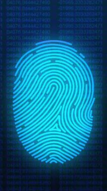 Siyah arkaplanda parmak izi ve veri işleme animasyonu. küresel iletişim, veri işleme ve dijital arayüz kavramı, dijital olarak oluşturulmuş video.