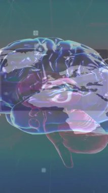 Dünya haritası üzerinde dönen beyin animasyonu ve çeşitli verilerle ekranlar. küresel bağlantılar, insan zihni, teknoloji ve dijital arayüz konsepti dijital olarak oluşturulmuş video.