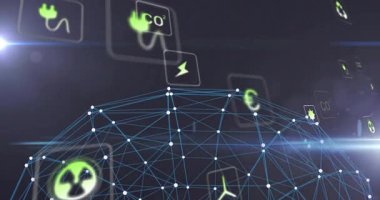 Yıldırımlar ortaya çıkıyor, ağlar dönüyor, ikonlar küre etrafında dönüyor, enerji akışını görselleştiriyorlar. Teknoloji, yenilik, sürdürülebilirlik, dijital, yenilenebilir, bağlantı, geleceksel