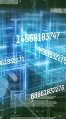 Animation of numbers changing and icons over glowing light trails. Global computing, digital interface and data processing concept digitally generated video.