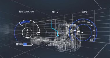 Başlangıçta akü göstergesi yükseliyor, hız göstergesi tırmanıyor ve enerji akışını gösteriyor. Gelecek, teknoloji, ulaşım, dijital, enerji, yenilik, araç