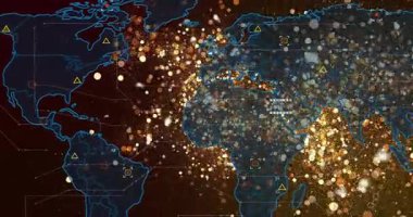 Koyu kırmızı üzerinde açılır, harita genişler, parçacıklar sürüklenir, kıtaları birbirine bağlayan ikonlar ağı gösterir. Dijital, bağlantı, geleceksel, ağ, teknoloji, soyut, küresel