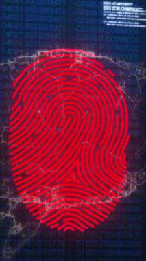 Siyah üzerine bilgi ve veri işleme ile tarama parmak izi animasyonu. küresel araştırma teknolojisi, dijital veri ve güvenlik konsepti, dijital olarak oluşturulmuş video.