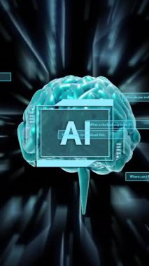 Ai metninin animasyonu, insan beyni ve dijital veri işlemesi. Dijital olarak oluşturulmuş küresel yapay zeka, bağlantılar, hesaplama ve veri işleme kavramı.