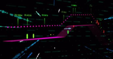 Magenta hattı kıvılcım saçan parçacıklar ortaya çıkıyor ve dalgalanmaları gösteren şamdan çubukları oluşturuyor. Teknoloji, veri, görselleştirme, dijital, geleceksel, analitik, ağ