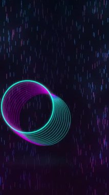 Neon dairelerin üzerine düşen mor lekelerin animasyonu. Soyut arkaplan, geçmişe dönük gelecek ve dijital olarak oluşturulmuş görüntü konsepti.