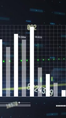 Grafiklerin canlandırılması, çubukların yüklenmesi ve siyah arkaplana karşı numaraların değiştirilmesi. Dijital olarak üretilmiş, hologram, illüstrasyon, aydınlanma, rapor, iş dünyası, büyüme ve soyut kavram.