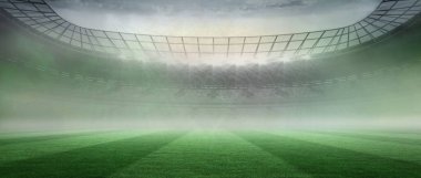 Düz tasarım sanatı, eğimli çatı kirişleri ve projektörleri altında oturma katları olan çimen alanlarını sergiliyor. Stadyum, arena, mimari, peyzaj, altyapı, aydınlatma, perspektif