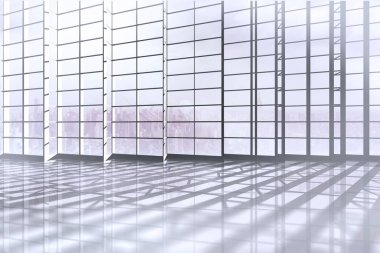 Şehre bakan geniş pencereli beyaz oda