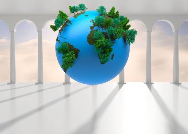 Şekillendirilmiş Dünya küresi salonda beyaz kolonlar ve kemerler arasında yüzüyor, minyatür ağaçları gösteriyor. Macera, çevre, mimari, sürdürülebilirlik, uyum, zarafet, sükunet
