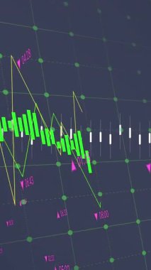 Gri arkaplan üzerinden istatistiksel veri işleme animasyonu. Bilgisayar arayüzü ve iş veri teknolojisi kavramı