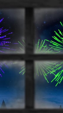 Renkli Noel ve yeni yıl havai fişekleriyle dolu bir pencere animasyonu. Noel, yeni yıl, kutlama, parti ve geleneksel konsept dijital olarak oluşturulmuş video.