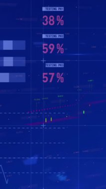 Animation of financial and statistical data processing against blue background. Global finance and business data technology concept
