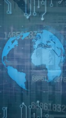 Küre, grafik, devre kartı modelinin animasyonu ve veri sunucu sistemi üzerinden numaraların değiştirilmesi. Dijital bileşik, çoklu pozlama, küreselleşme, rapor, veri merkezi, ağ ve teknoloji.